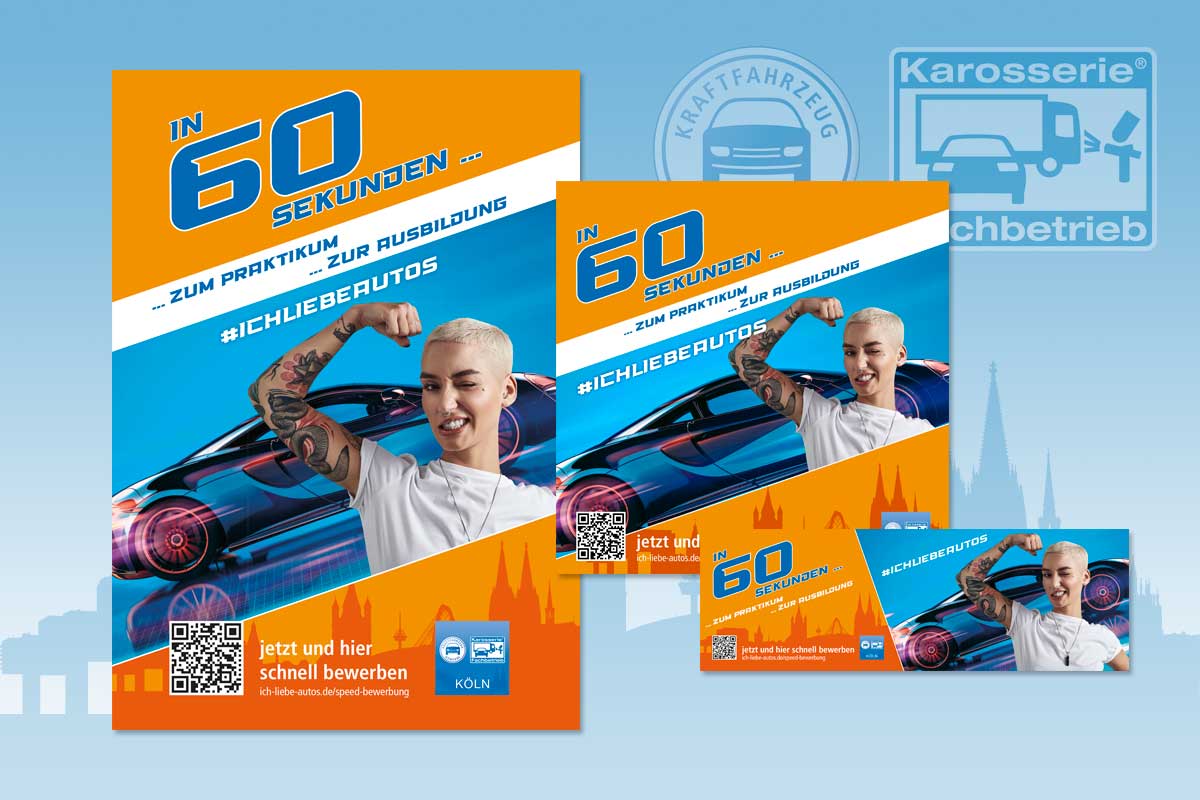 Keyvisual „In 60 Sekunden zum Praktikum, zur Ausbildung“: Plakat, Postkarte und Banner für die Kfz- und Karosseriebauer-Innung Köln